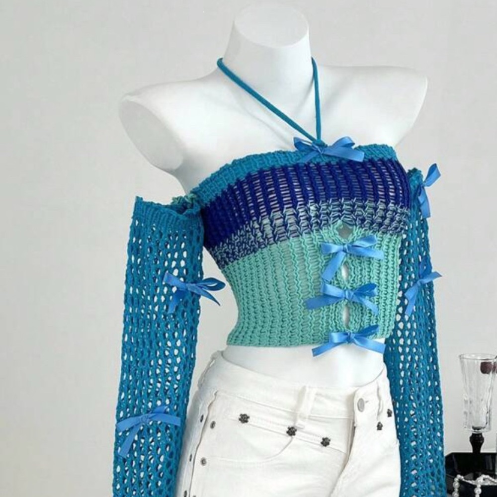 Blue and Green Crochet Off-Shoulder Top